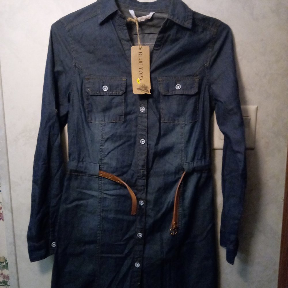 Blue Topic Belted Button-up Denim Tunic Dress